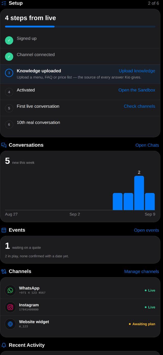 Home — Setup, the week’s conversations, channels, and what Kio did overnight.