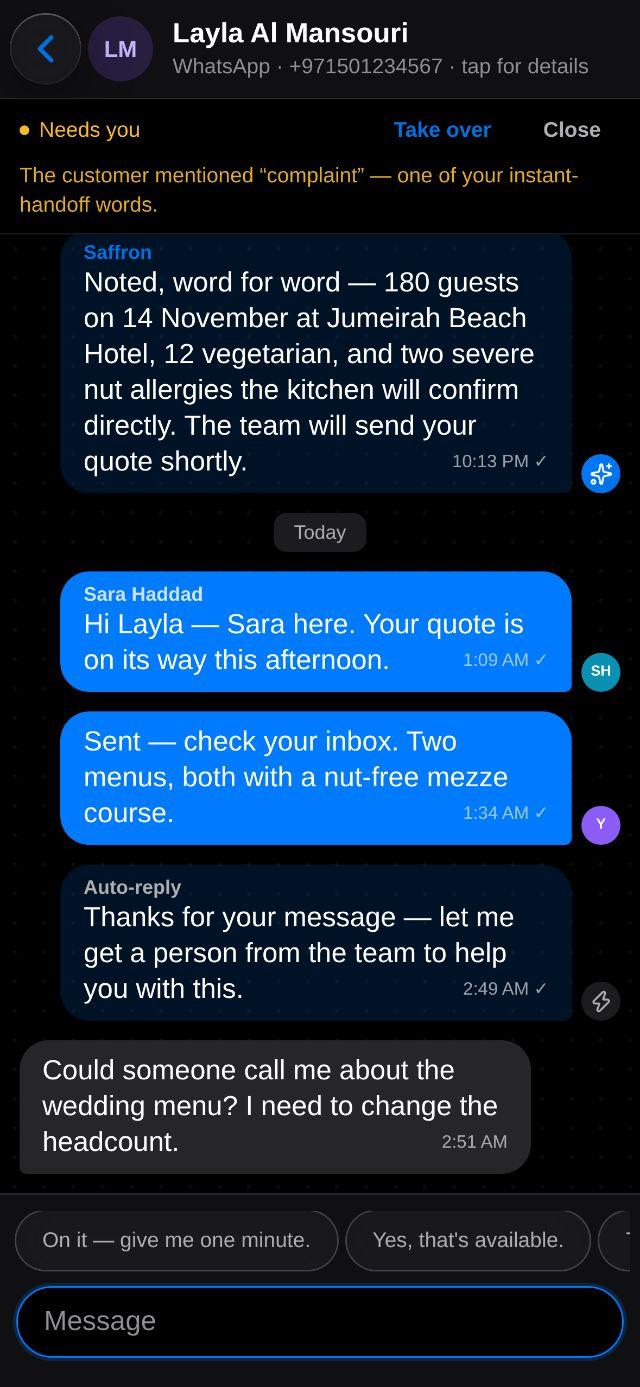 A thread — Kio’s reply, the handoff note, and your own answer in the same transcript.